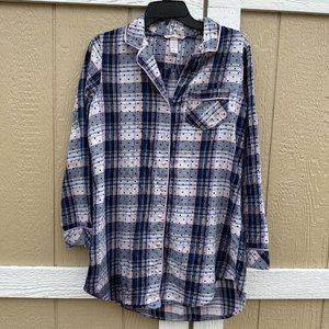 Victoria's Secret Sleep Shirt Flannel Blue Pink Plaid Dot Button Size Small